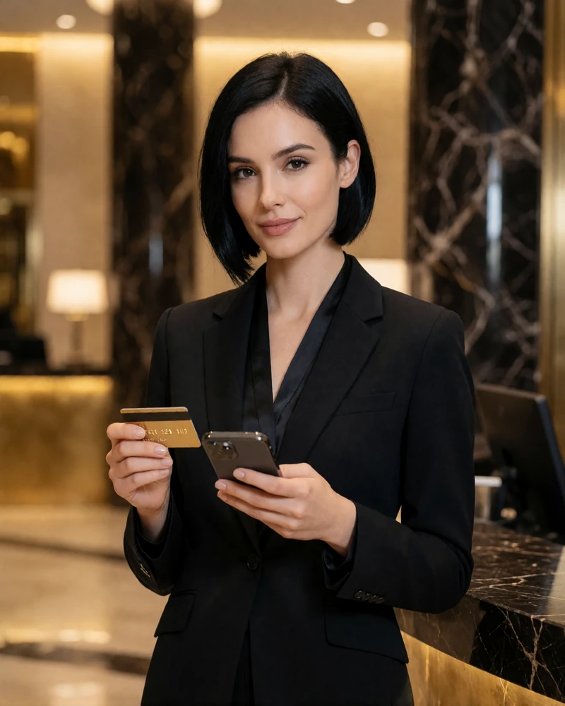 Elegante Frau im Business-Anzug mit goldener Kreditkarte und Smartphone - Einzahlung im Millioner Casino