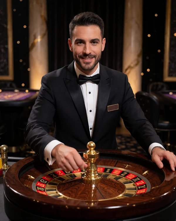 Live-Dealer im Smoking dreht das goldene Roulette-Rad im Millioner Live Casino Studio