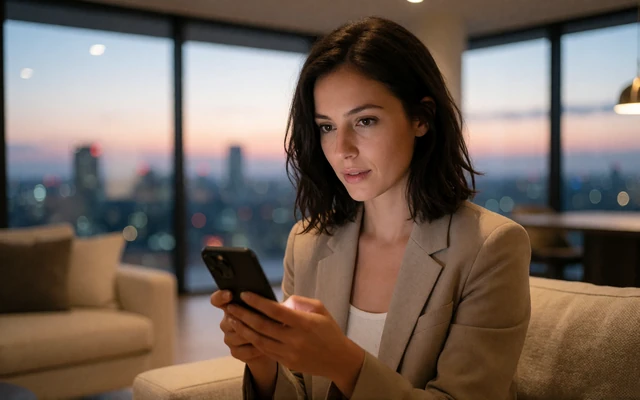 Br&uuml;nette Frau im beigen Blazer tradet Krypto auf dem Smartphone in einer modernen Penthouse-Lounge