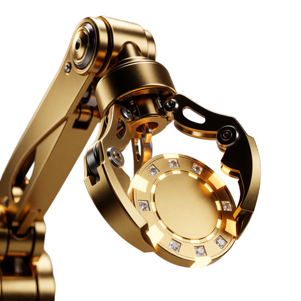 Goldener Greifarm des Bonus Crab Automaten mit leuchtendem Casino-Chip