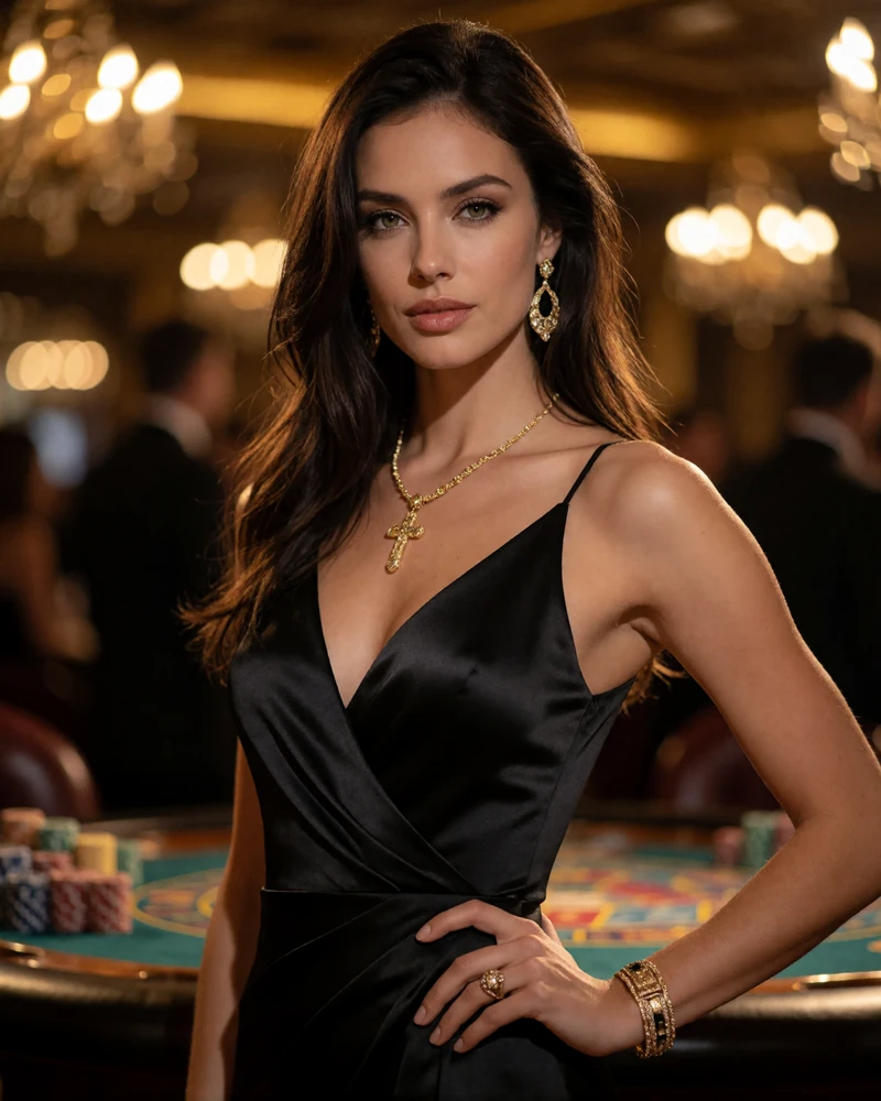 Elegante Frau in schwarzem Abendkleid in der luxuri&ouml;sen Lounge des Millioner Casino