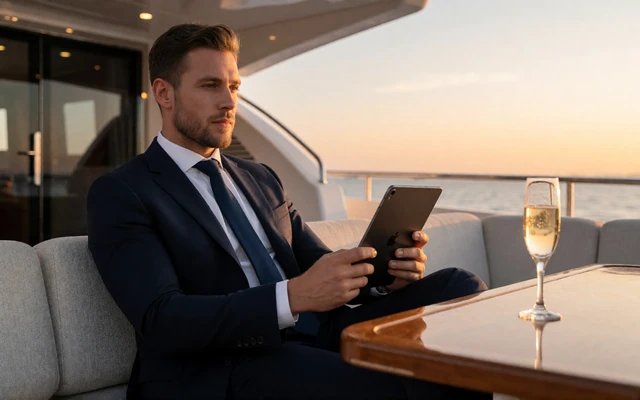 VIP-Spieler im ma&szlig;geschneiderten Anzug mit Tablet auf dem Deck einer Luxus-Yacht